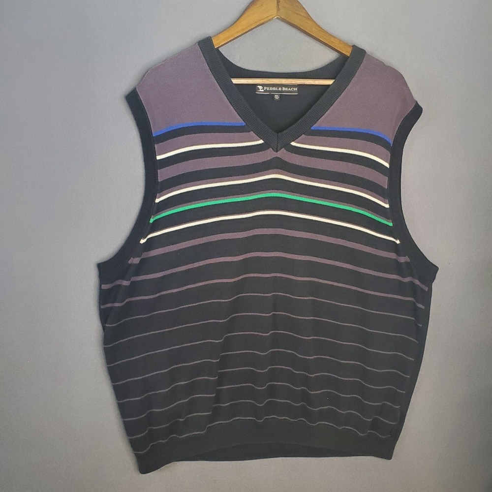 Pebble Beach Classic Golf Vest Sweater Size Men's XL Black Stripe 100% Cotton‎